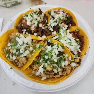 5 Taco assortment after adding the onions, cilantro and salsa.