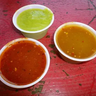 guacamole, tomatillo and chile de arbol salsas