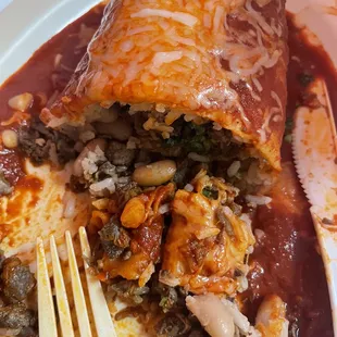 Rice, beans, meat onions and hot sauce