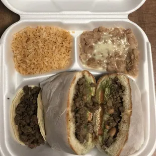 Carne asada torta and carne asada taco, rice and beans