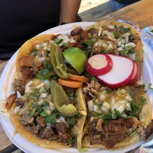 Tacos de Carne Asada, pastor, carnitas and Tripa