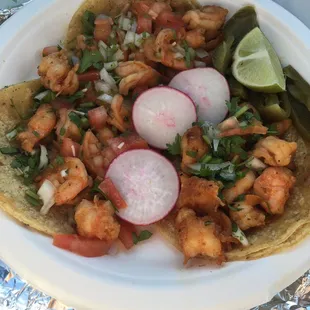 Three shrimp tacos