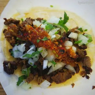 carne asada taco with their tasty salsa, has a nice kick to it!