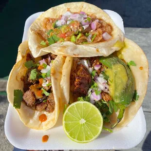 Bistek (Steak, left) | Chicharron (Fried Pork Rinds, top) | Al Pastor (Slow Roasted Pork, right)