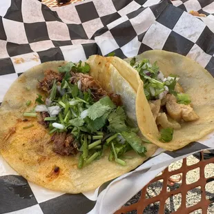 Al Pastor taco and Chicharron and Egg taco