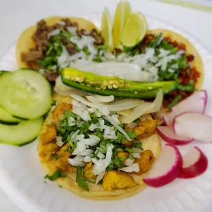 Chicken, chorizo and asada tacos.