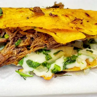 Birria Taco with onions, cilantro and melty cheese.