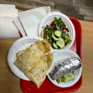 Chicken quesadilla, tacos and burrito