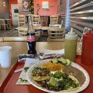 Three taco combo plate with rice and beans (I moved things around a bit before stopping to take the photo).