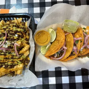 Carne asada fries and barbacoa tacos