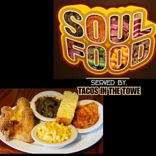 a plate of food and a sign that says soul food