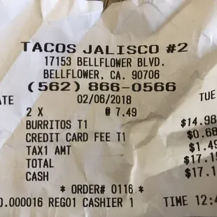 2 burritos - $17.15 (no drinks)