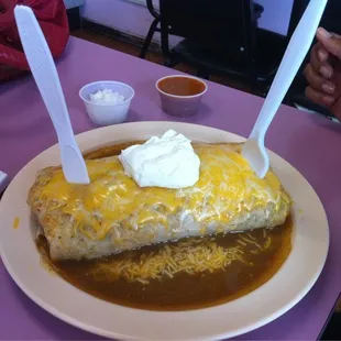 Wet and loco Carne burrito with everything in it.