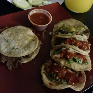 Tacos de lengua, buche, and tripa. And a mulita with Carne asada.