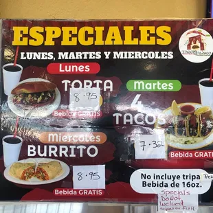 Monday Tuesday Wednesday Specials