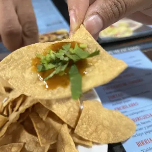 A fried corn tortilla with one of their many delicious salsas and a pinch of fresh celantro