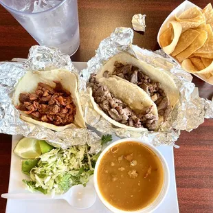 Generously filled Carne Asada &amp; Al Pastor tacos w Charro Beans