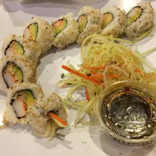 a plate of sushi rolls