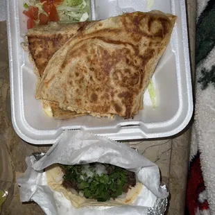 Quesadilla and barbacoa taco