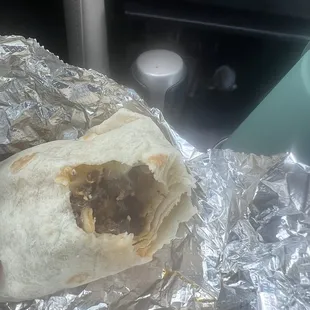 Steak egg and cheese breakfast burrito