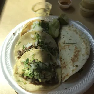 3 steak tacos and a steak quesadilla
