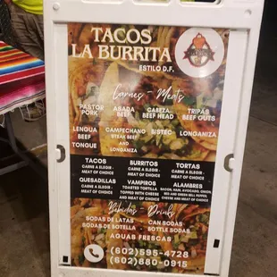El menu de los tacos
