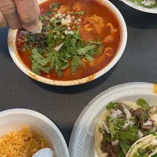 Menudo,taco and rice