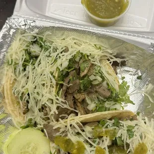 3 Asada Street Tacos - FILLED to the top with perfectly sliced beef. And this salsa verde is some of the best I&apos;ve had in years
