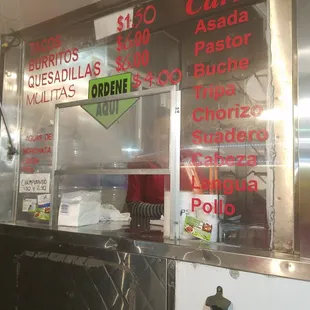 Meat Choices, prices, and your choice of Tacos, Burritos,  Quesadillas, or Mulitas
