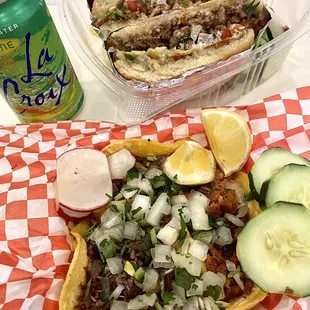 Lengua, Cabeza and Al Pastor tacos. Carne Asada torta!