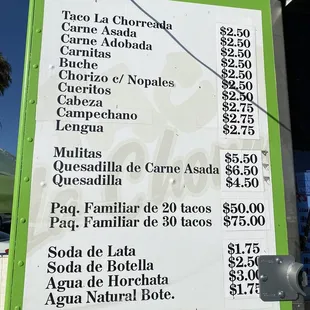 Tacos, Mulitas and drinks menu