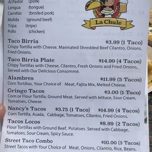 Example of the taco menu. There is much more to choose from!