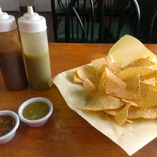 Chips and salsa--chips served warm, both salsas super spicy!! I love it already!