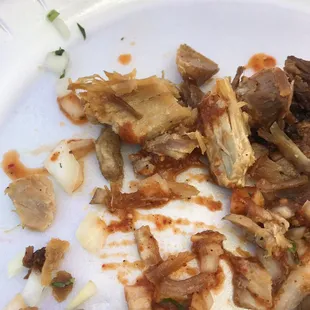 old decaying meat. (from a carnitas taco)