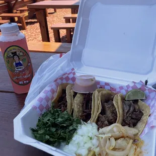 3 beef fajita and 2 carnitas tacos w fixins on the side; as well as an in house made watermelon drink(fly photo-bombed)