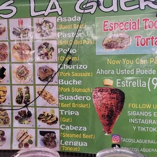 a menu for tacos la guera