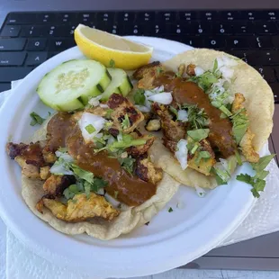 Hand made corn tortilla chicken taco. Melt in mouth w crispy chicken and hot salsa