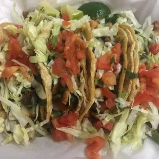 Tacos! 2x Asada &amp; 2x Pollo. They don't have vegetarian or fish tacos (as far as I know) but these smelled so good!!