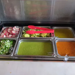 Salsa bar, fresh veggies and great flavors in the salsas