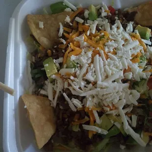 Taco salad with carne asada, no shell. They forgot to add salsa to order though (door dash delivery) so be sure to instruct to do so.