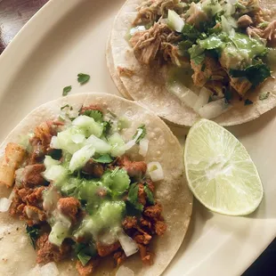2 tacos, pastor and pollo