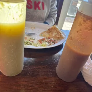 Shrimp quesadilla and salsas