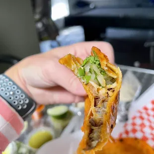 a hand holding a piece of food