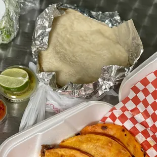 tortillas, salsa, and lime wedges