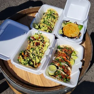 Tacos with spicy and mild sauce and a Mulita