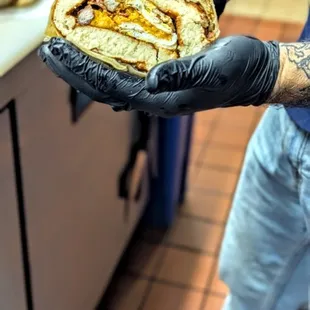 The inside of the new to the menu Super Breakfast Burrito with a 13 inch pancake inside.