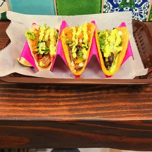 Al Pastor Taco, Asada Taco, and Portobello Taco