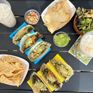 Chips &amp; salsa, chips &amp; guac, portobello, chicken &amp; steak tacos.