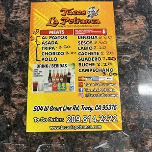 Prices of tacos. Also on our menu here at the shop. If you need your receipt with prices just ask!