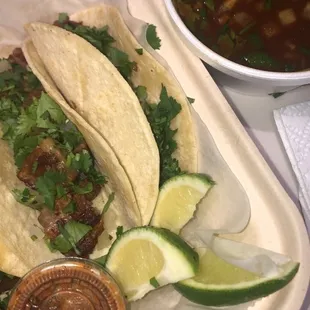Carnitas tacos and Consome